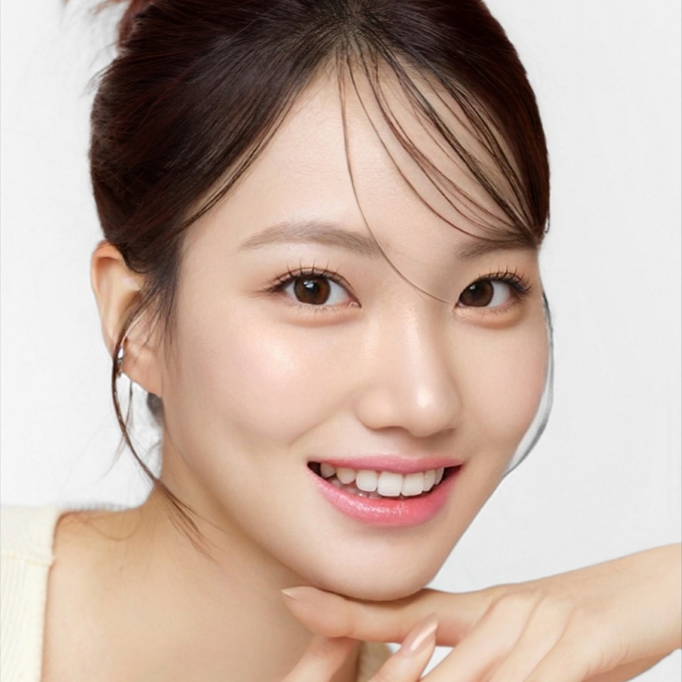 Beautiful young Asian woman smiling with smooth natural glowing skin, makeup and pink lips